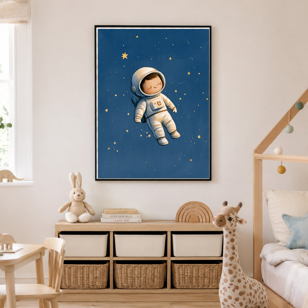 Schlafender Astronaut im Sternenmeer Poster – Schwarzer Rahmen – Produktfoto