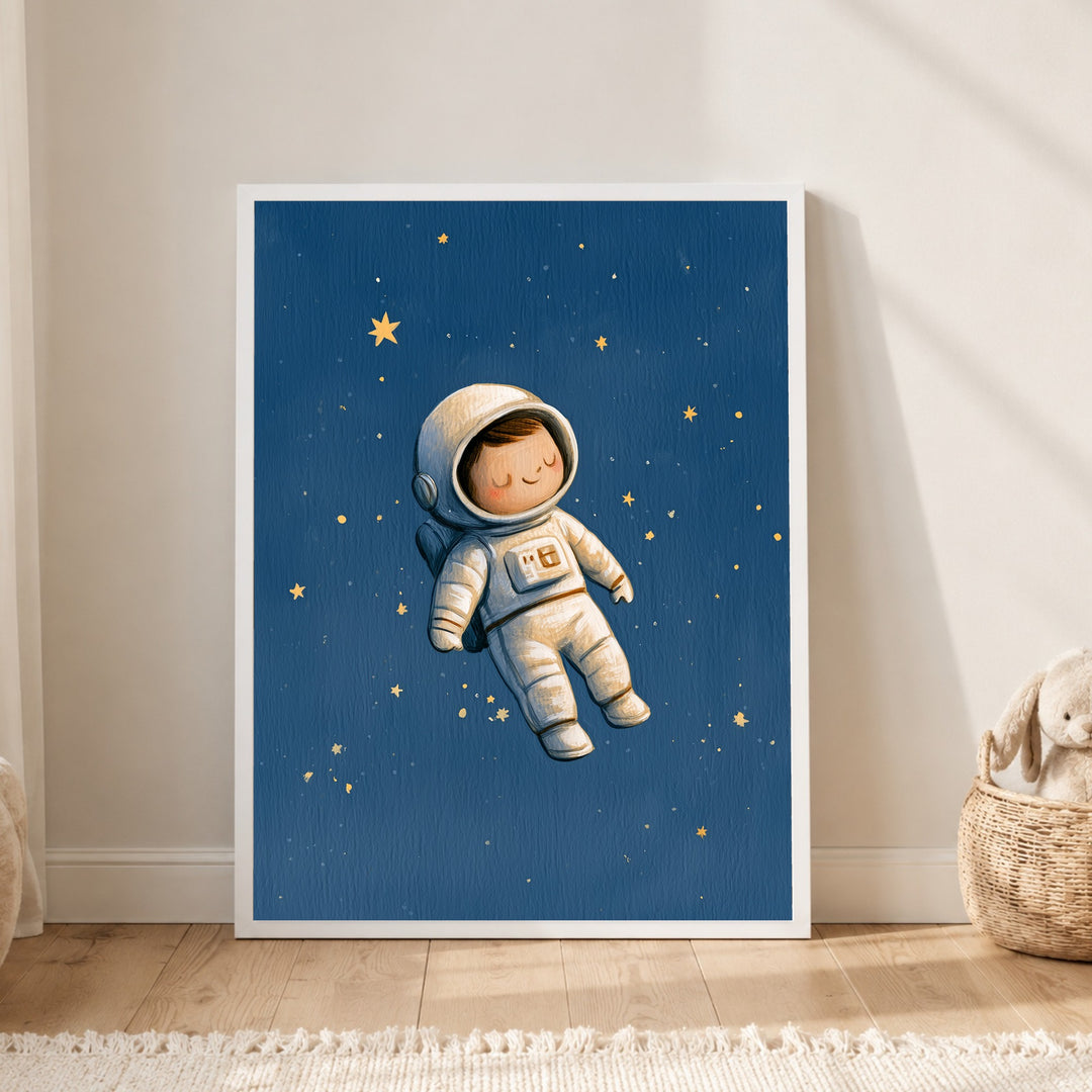 Schlafender Astronaut im Sternenmeer Poster – Weißer Rahmen – Produktfoto
