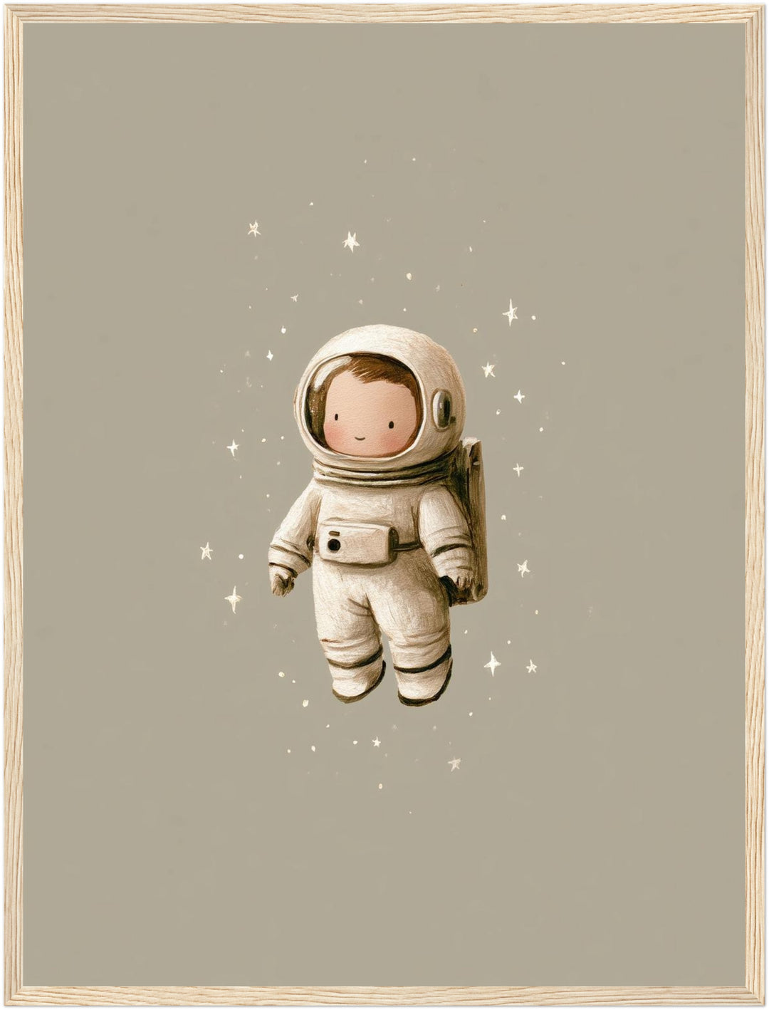 Kleiner Astronaut im Weltall Poster – Holz natur Rahmen – Produktfoto