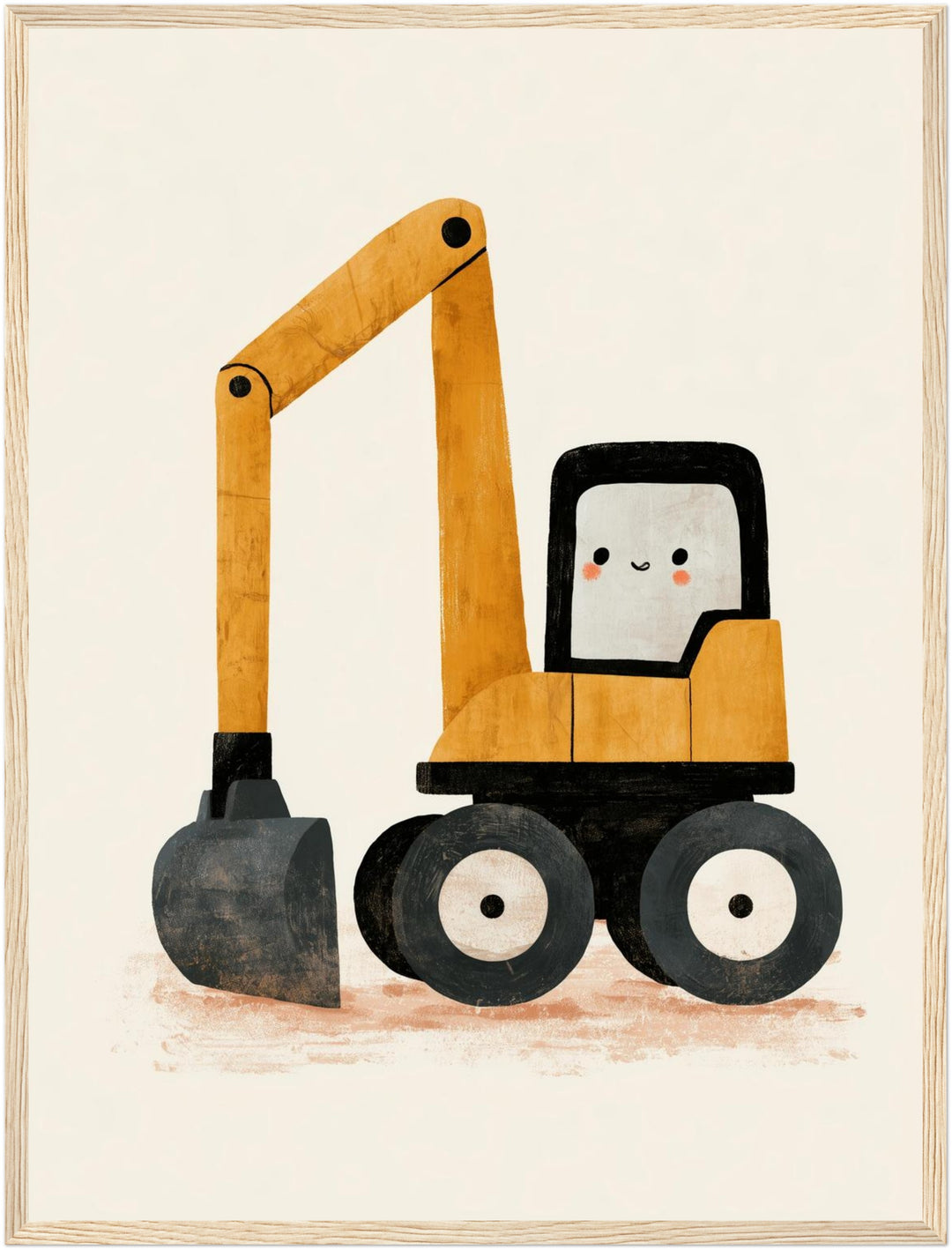 Fröhlicher Bagger auf Rädern Poster – Holz natur Rahmen – Produktfoto
