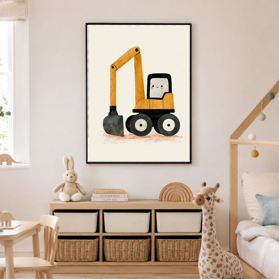 Fröhlicher Bagger auf Rädern Poster – Schwarzer Rahmen – Produktfoto