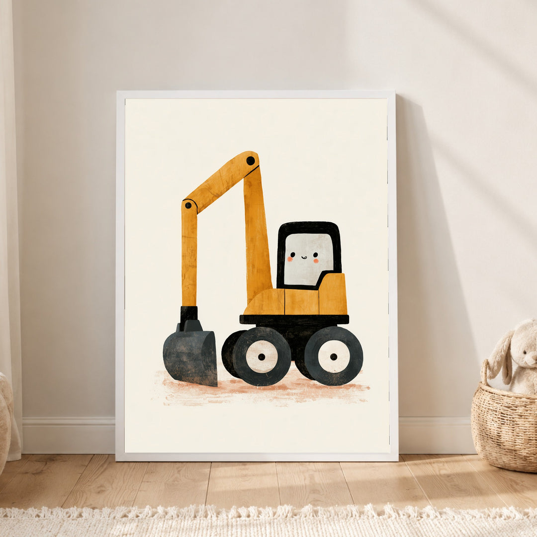 Fröhlicher Bagger auf Rädern Poster – Weißer Rahmen – Produktfoto