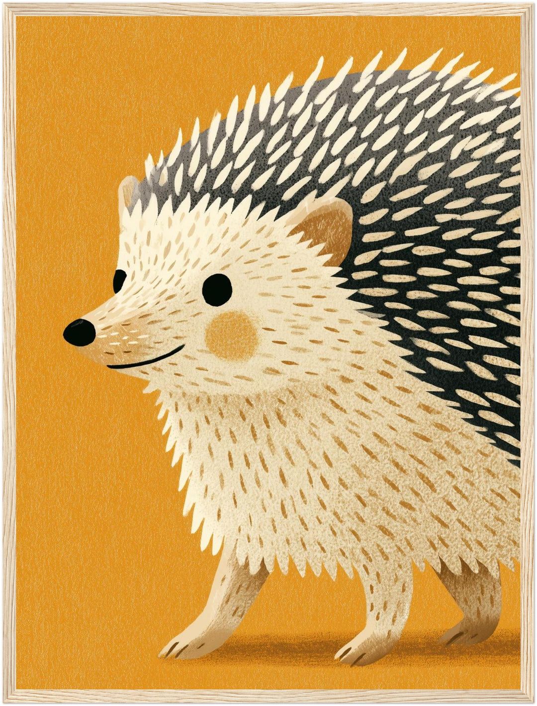 Kleiner Igel auf Goldgelb Poster – Holz natur Rahmen – Produktfoto