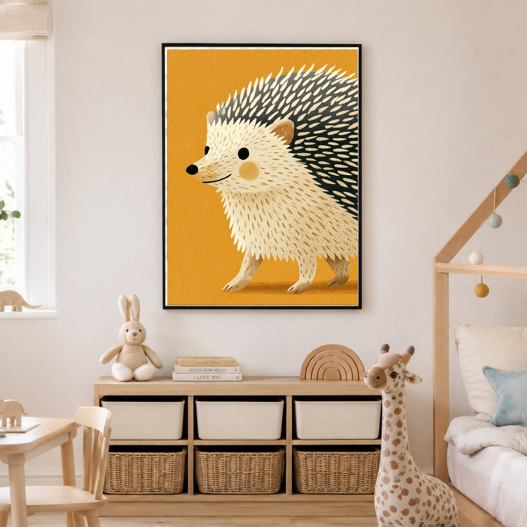 Kleiner Igel auf Goldgelb Poster – Schwarzer Rahmen – Produktfoto