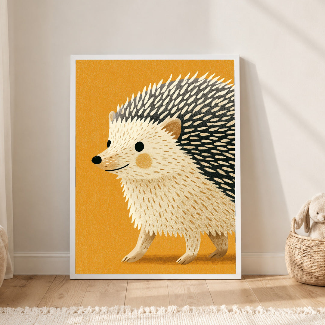 Kleiner Igel auf Goldgelb Poster – Weißer Rahmen – Produktfoto