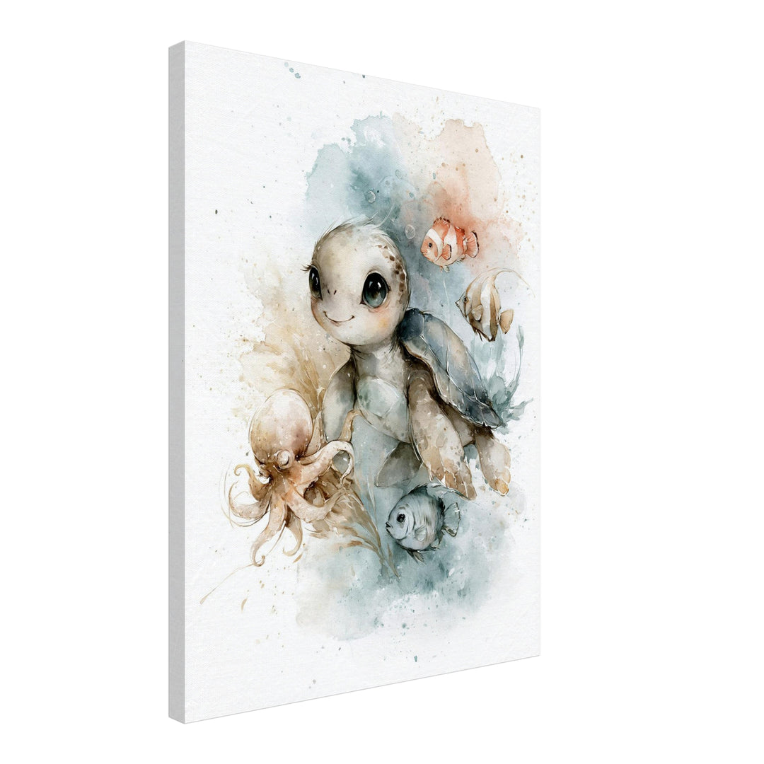Kleine Meeresschildkröte mit Freunden Leinwandbild – Schräge Ansicht – Produktfoto