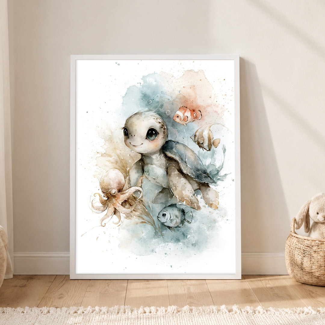 Kleine Meeresschildkröte mit Freunden Poster – Weißer Rahmen – Produktfoto