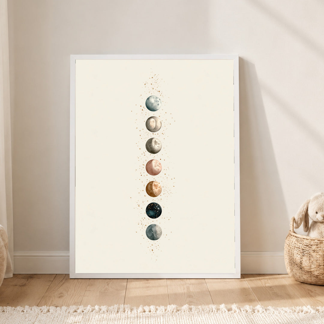 Sieben Monde im Aquarell Poster – Weißer Rahmen – Produktfoto