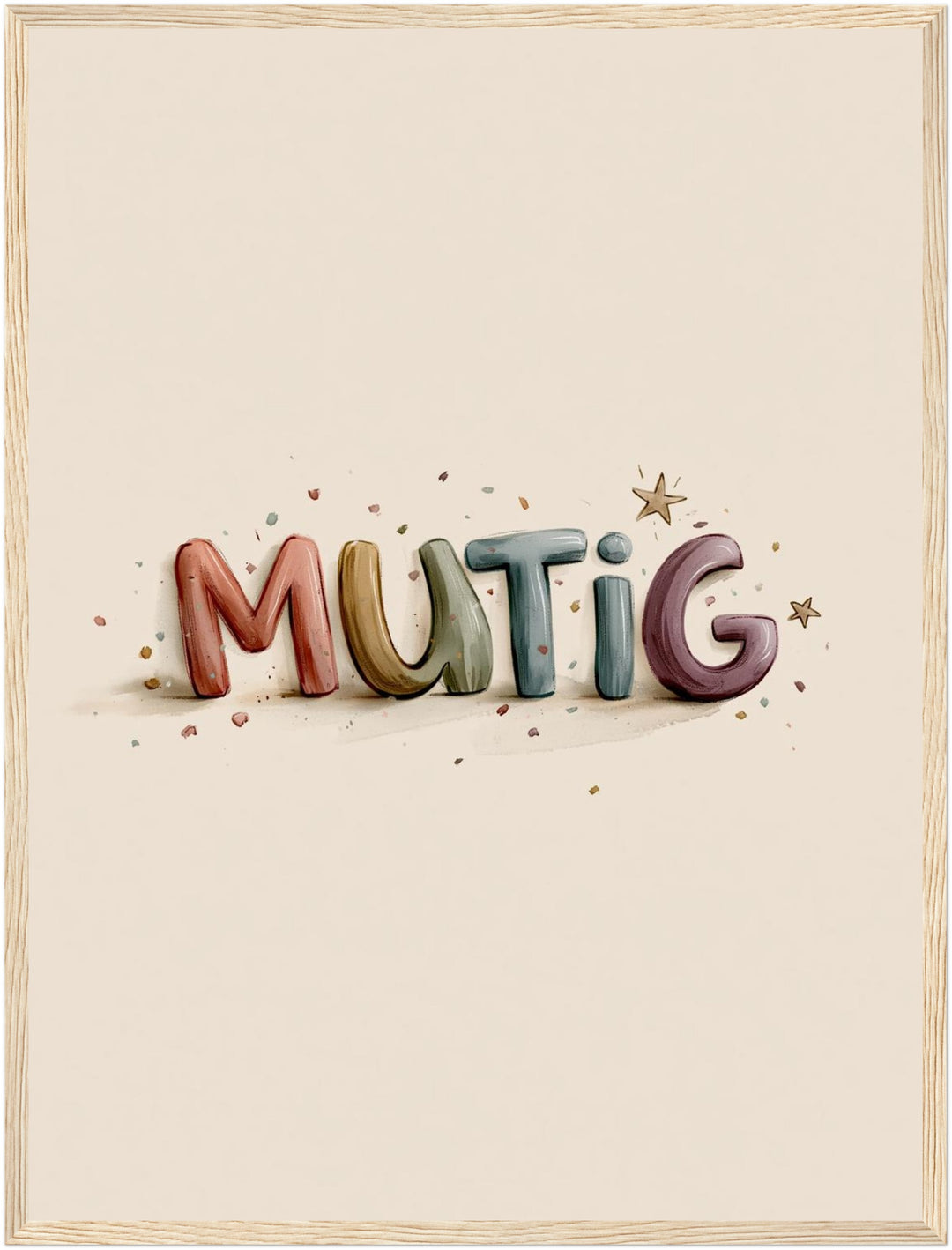 Mutig Schriftzug Kinderzimmer Poster – Holz natur Rahmen – Produktfoto