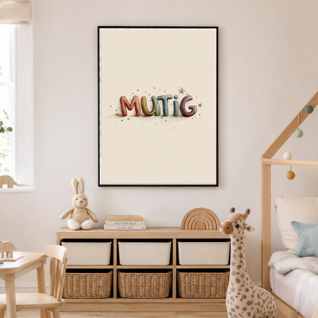 Mutig Schriftzug Kinderzimmer Poster – Schwarzer Rahmen – Produktfoto