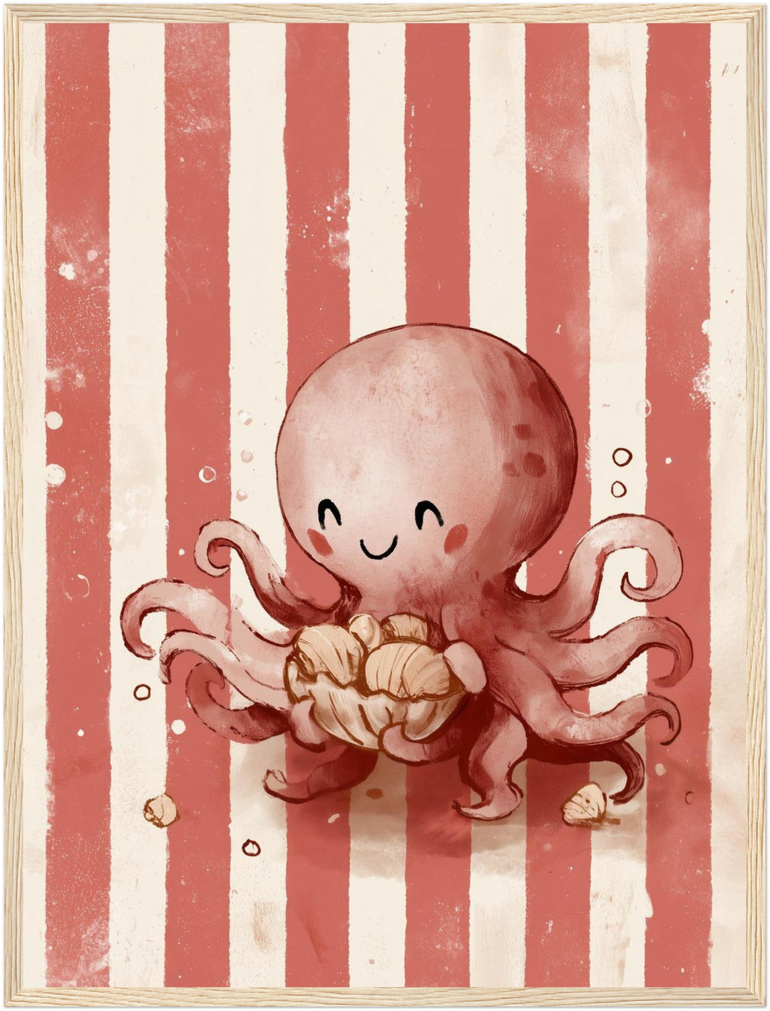 Glücklicher Oktopus mit Muschel Poster – Holz natur Rahmen – Produktfoto