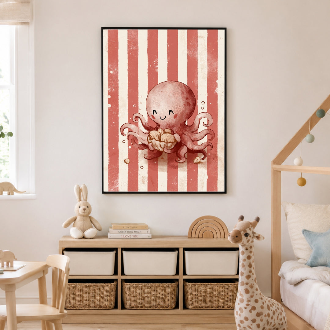Glücklicher Oktopus mit Muschel Poster – Schwarzer Rahmen – Produktfoto