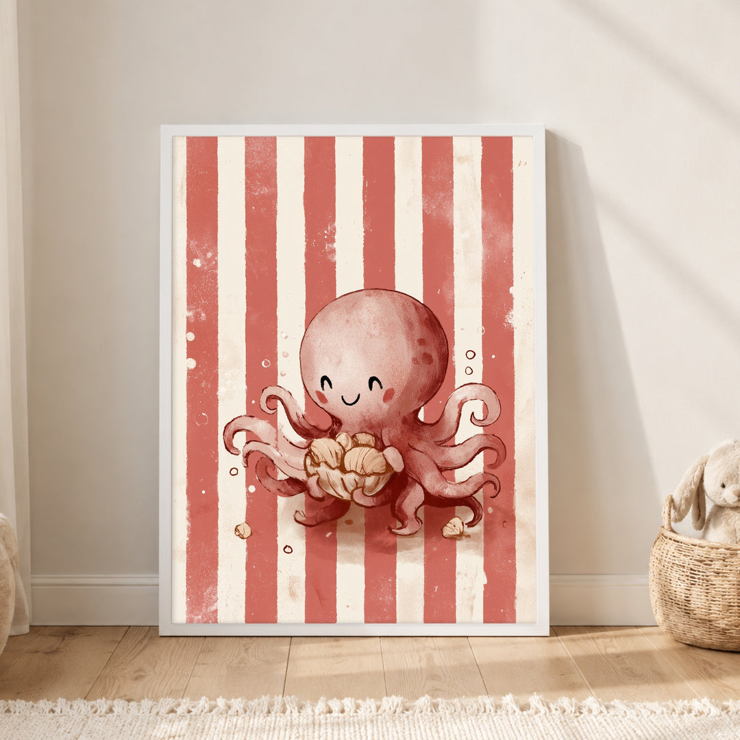 Glücklicher Oktopus mit Muschel Poster – Weißer Rahmen – Produktfoto