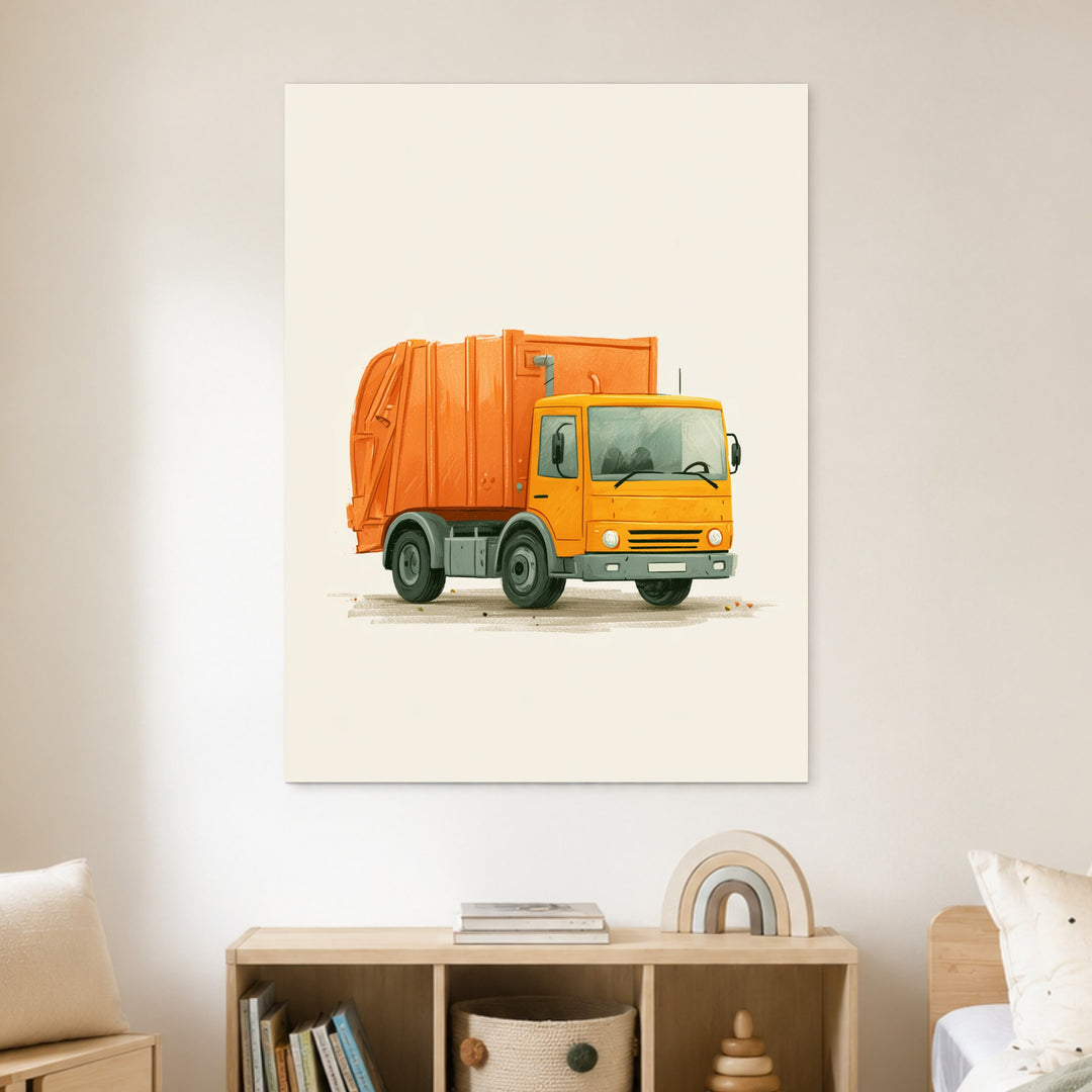 Orangener Müllauto Kinderdruck Poster – Ohne Rahmen – Produktfoto
