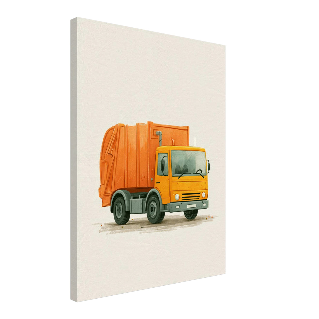 Orangener Müllauto Kinderdruck Leinwandbild – Schräge Ansicht – Produktfoto