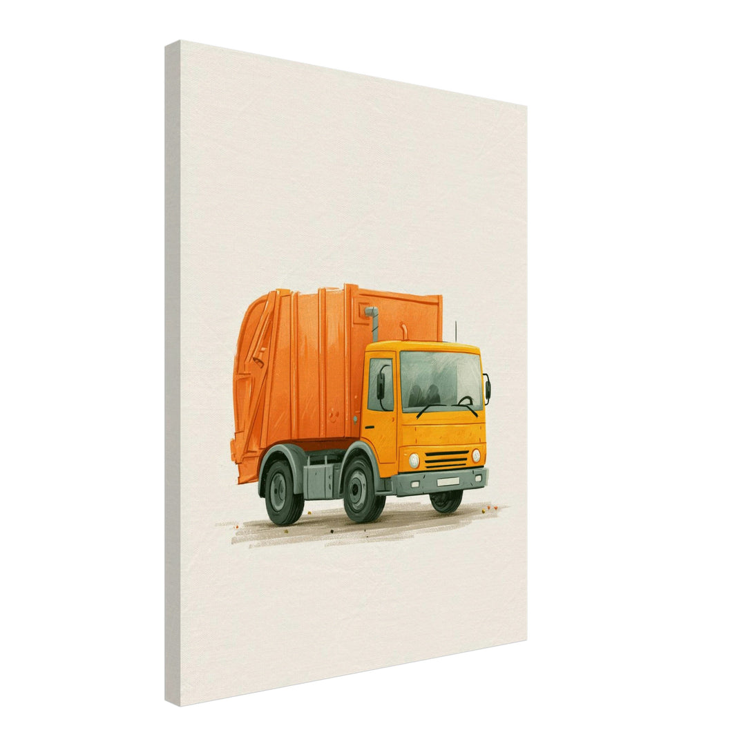 Orangener Müllauto Kinderdruck – Einzelmotiv aus dem 3er Leinwand Set