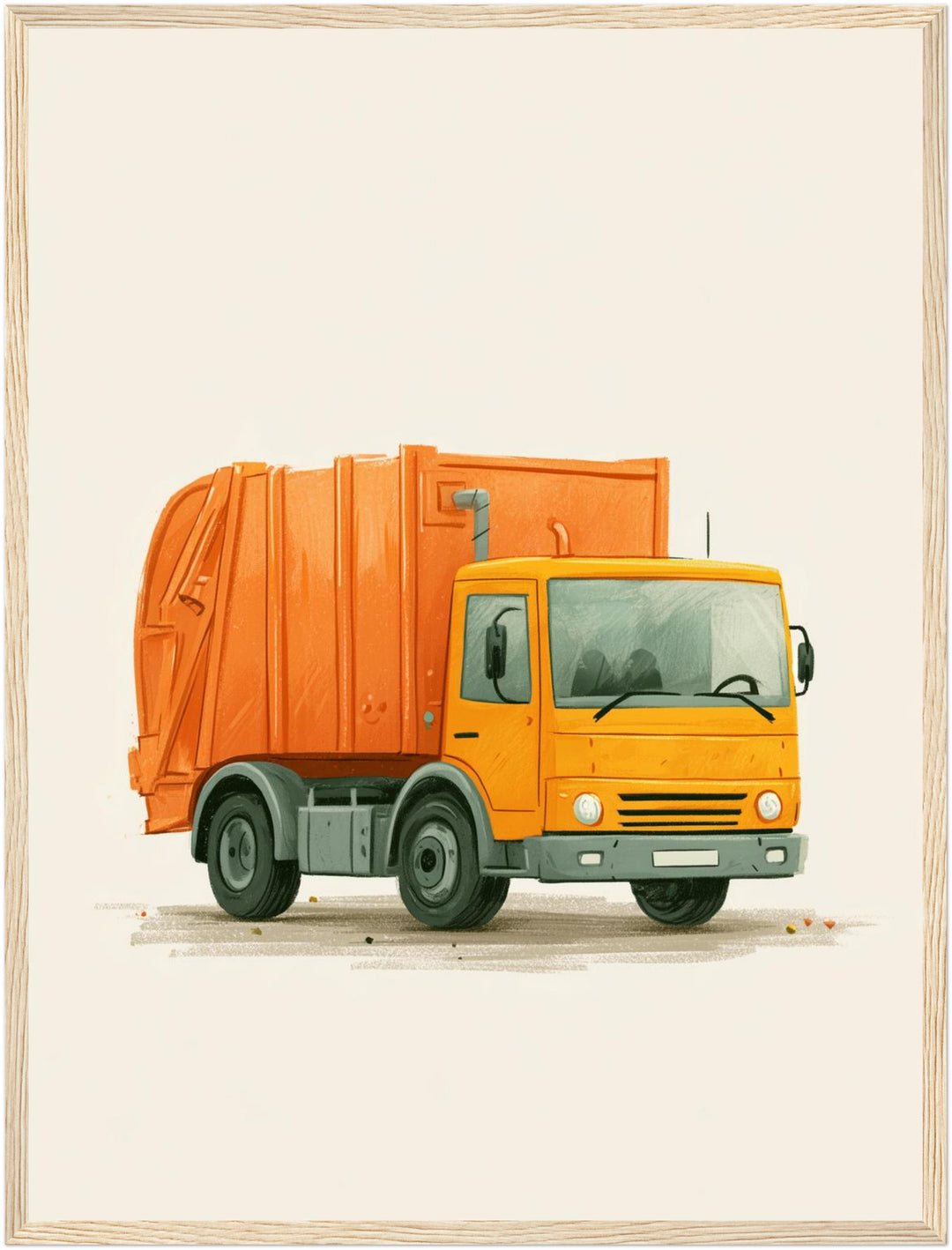 Orangener Müllauto Kinderdruck Poster – Holz natur Rahmen – Produktfoto