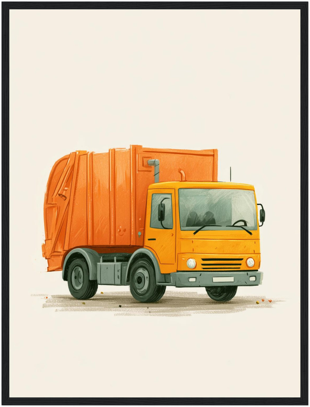Orangener Müllauto Kinderdruck Poster – Schwarzer Rahmen – Produktfoto