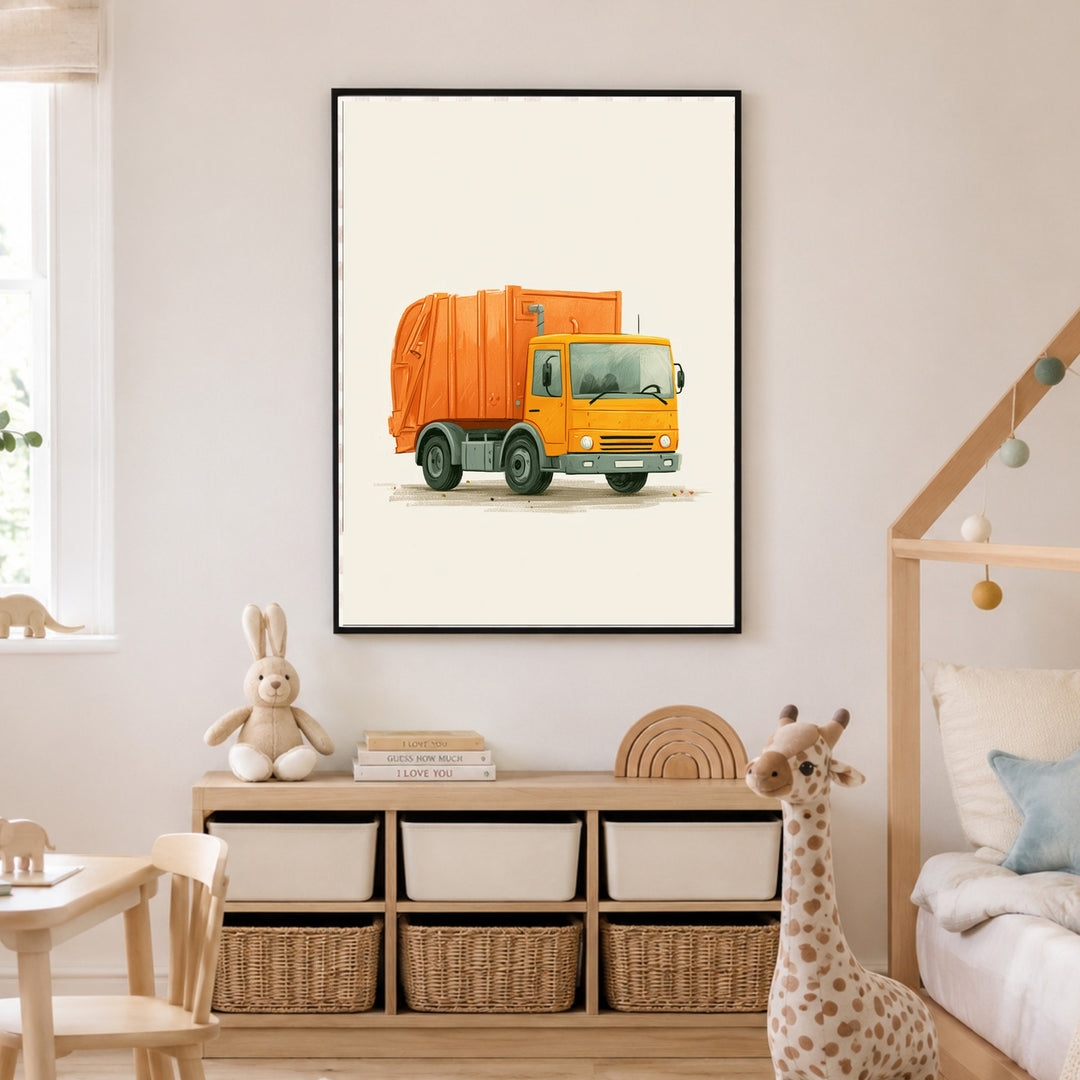 Orangener Müllauto Kinderdruck Poster – Schwarzer Rahmen – Produktfoto