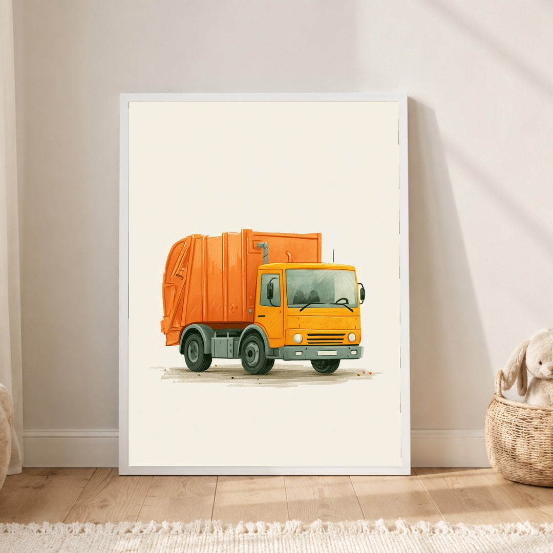 Orangener Müllauto Kinderdruck Poster – Weißer Rahmen – Produktfoto