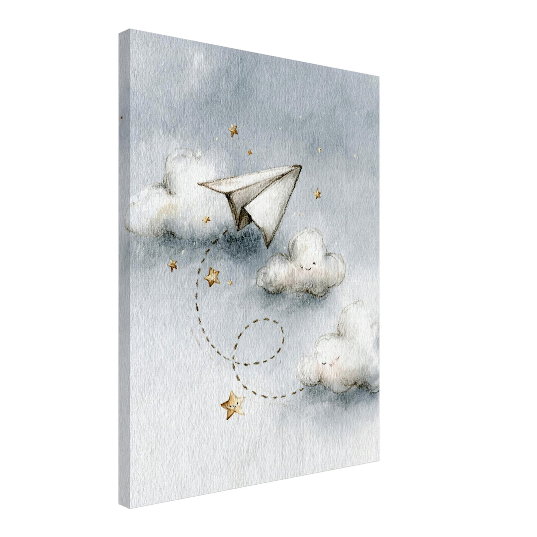 Papierflieger zwischen Wolken Leinwandbild – Schräge Ansicht – Produktfoto