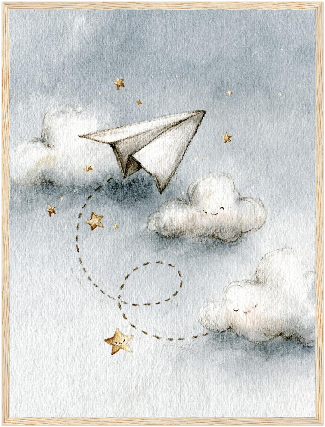 Papierflieger zwischen Wolken Poster – Holz natur Rahmen – Produktfoto