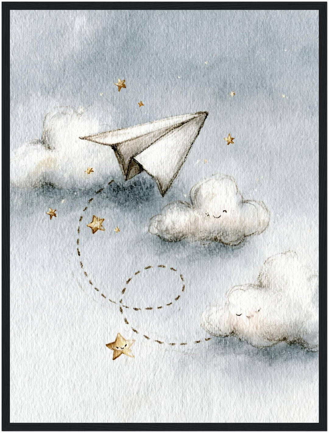 Papierflieger zwischen Wolken Poster – Schwarzer Rahmen – Produktfoto