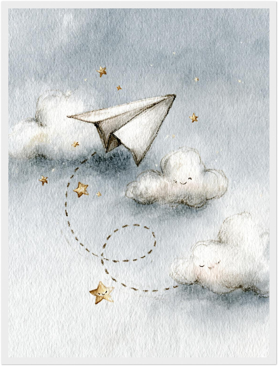 Papierflieger zwischen Wolken Poster – Weißer Rahmen – Produktfoto