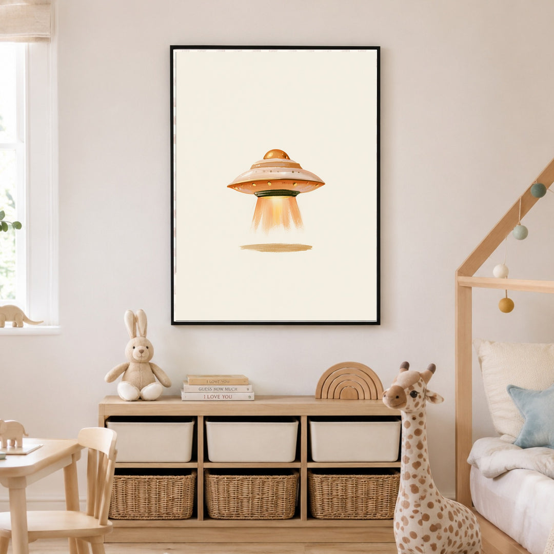 Fliegende Untertasse retro Poster – Schwarzer Rahmen – Produktfoto