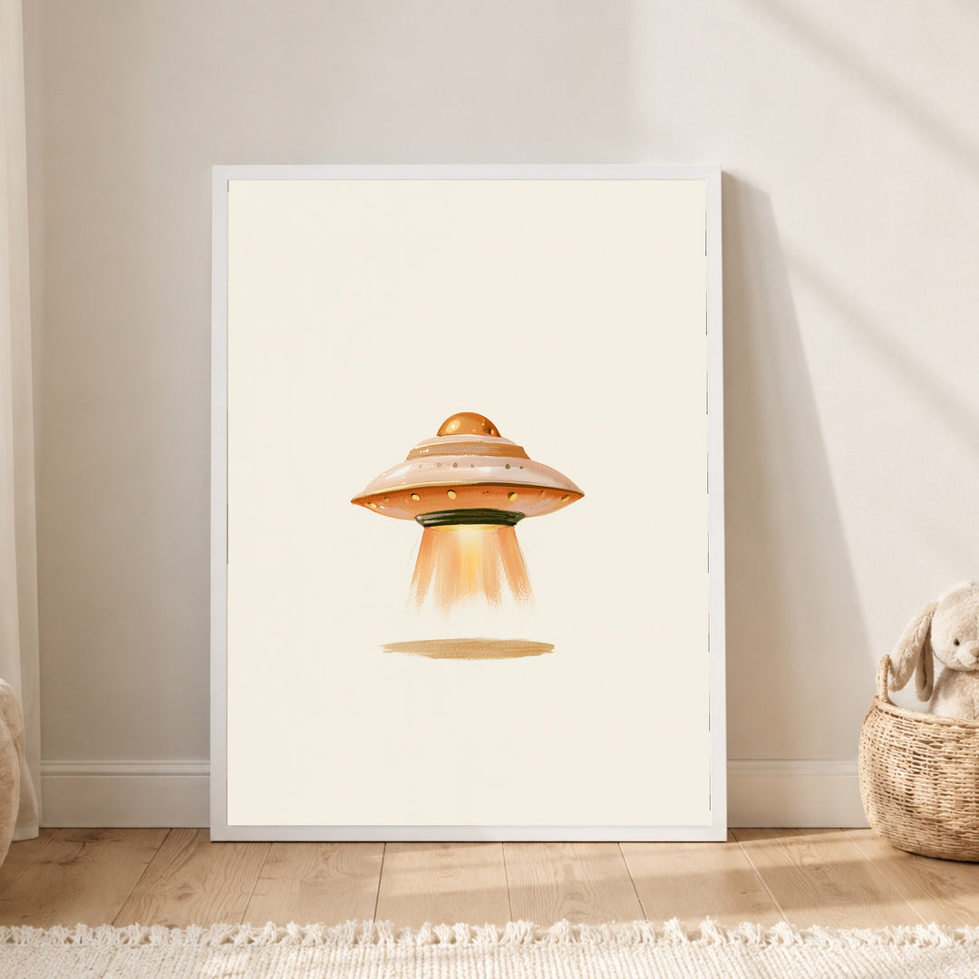Fliegende Untertasse retro Poster – Weißer Rahmen – Produktfoto