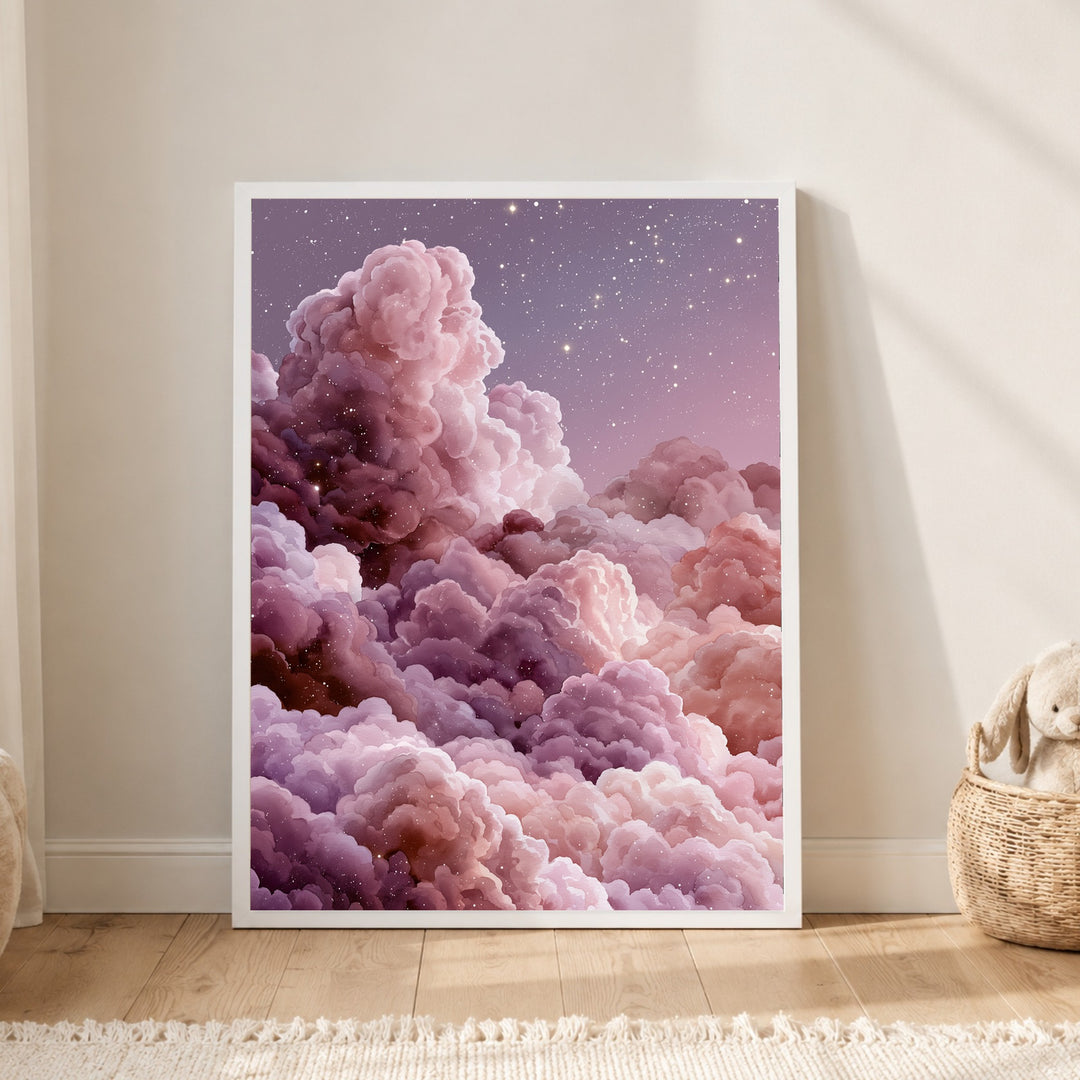 Magische Wolken im Sternenlicht Poster – Weißer Rahmen – Produktfoto