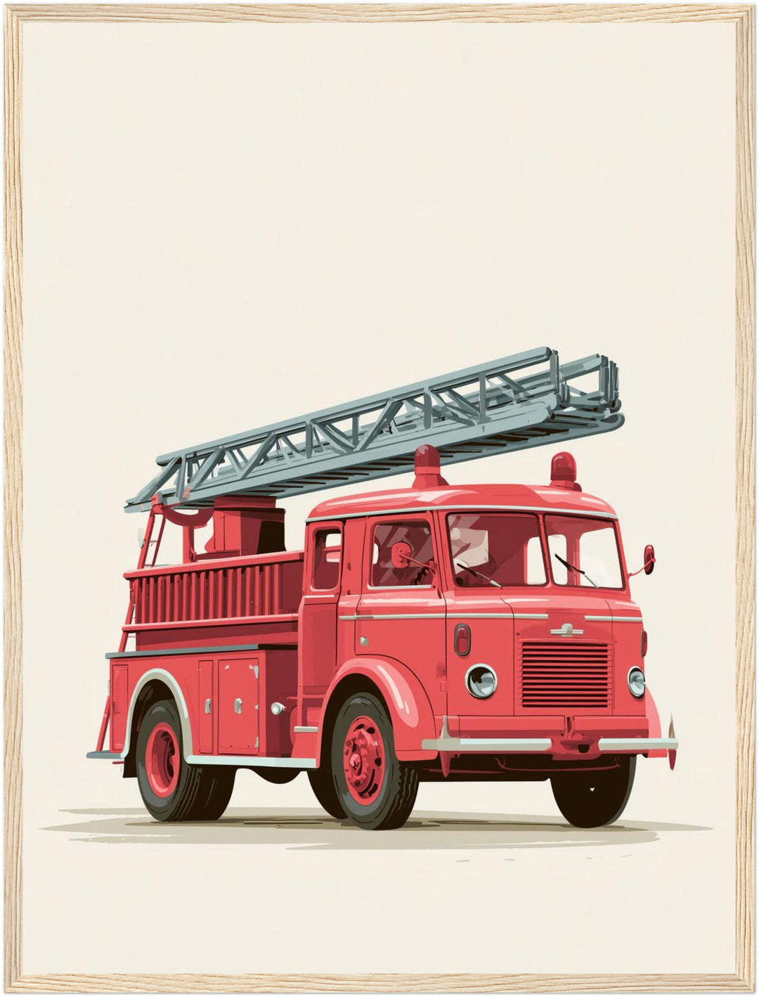 Rotes Feuerwehrauto Vintage Poster – Holz natur Rahmen – Produktfoto