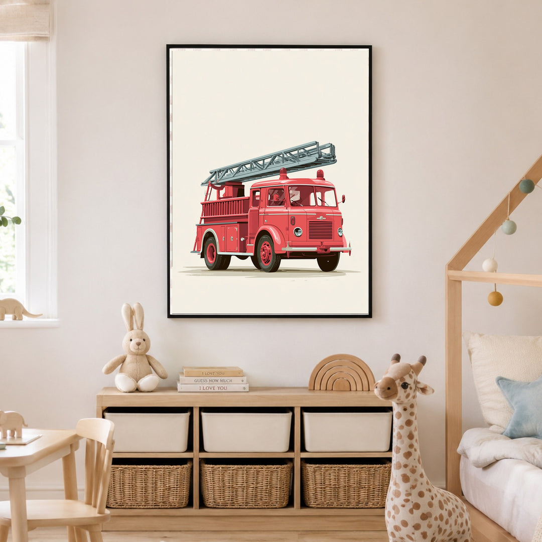 Rotes Feuerwehrauto Vintage Poster – Schwarzer Rahmen – Produktfoto