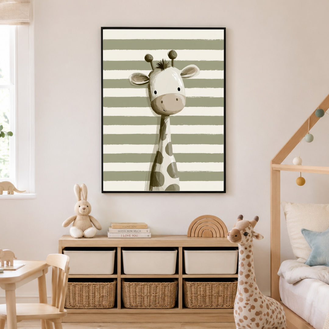 Kleine Giraffe gestreift Poster – Schwarzer Rahmen – Produktfoto