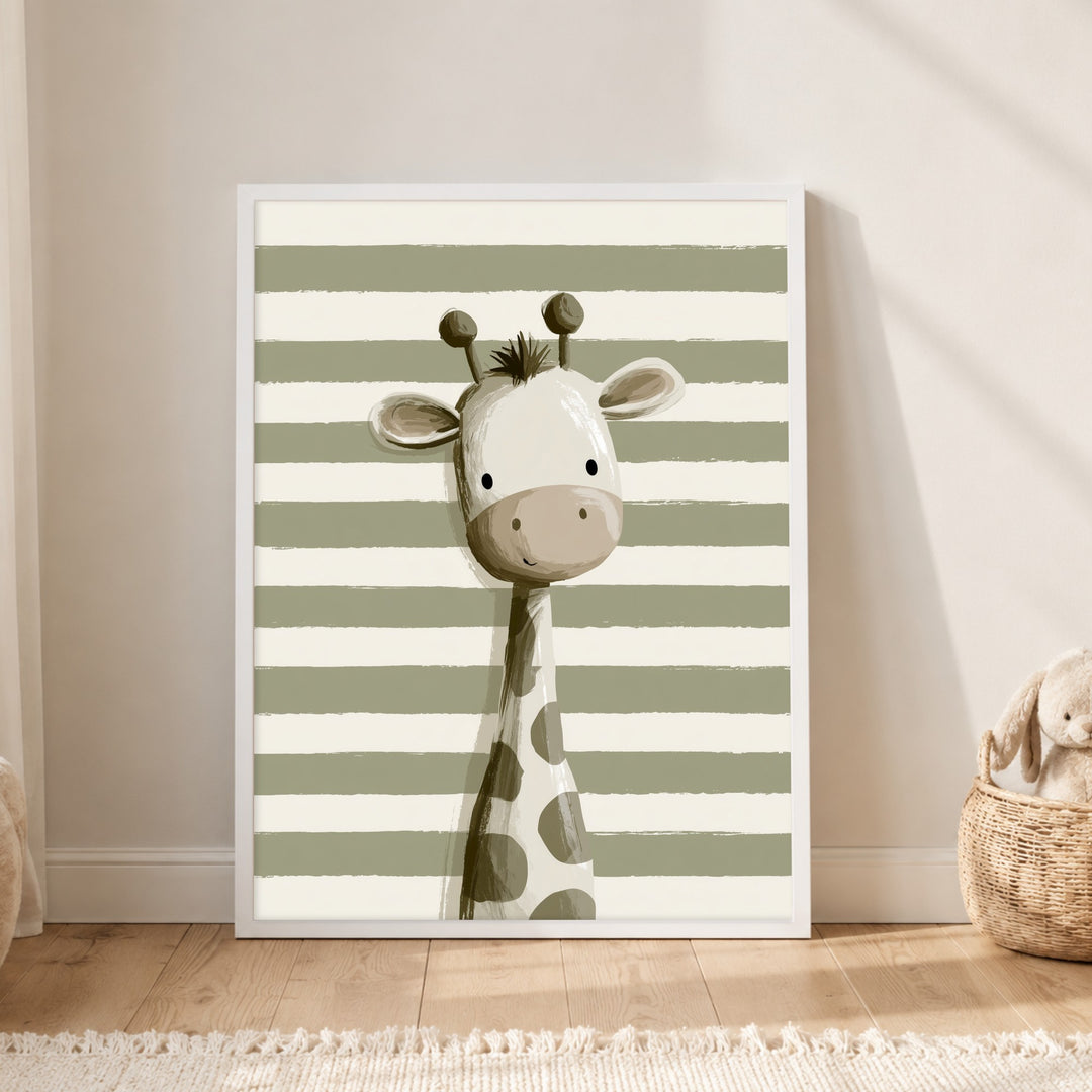 Kleine Giraffe gestreift Poster – Weißer Rahmen – Produktfoto
