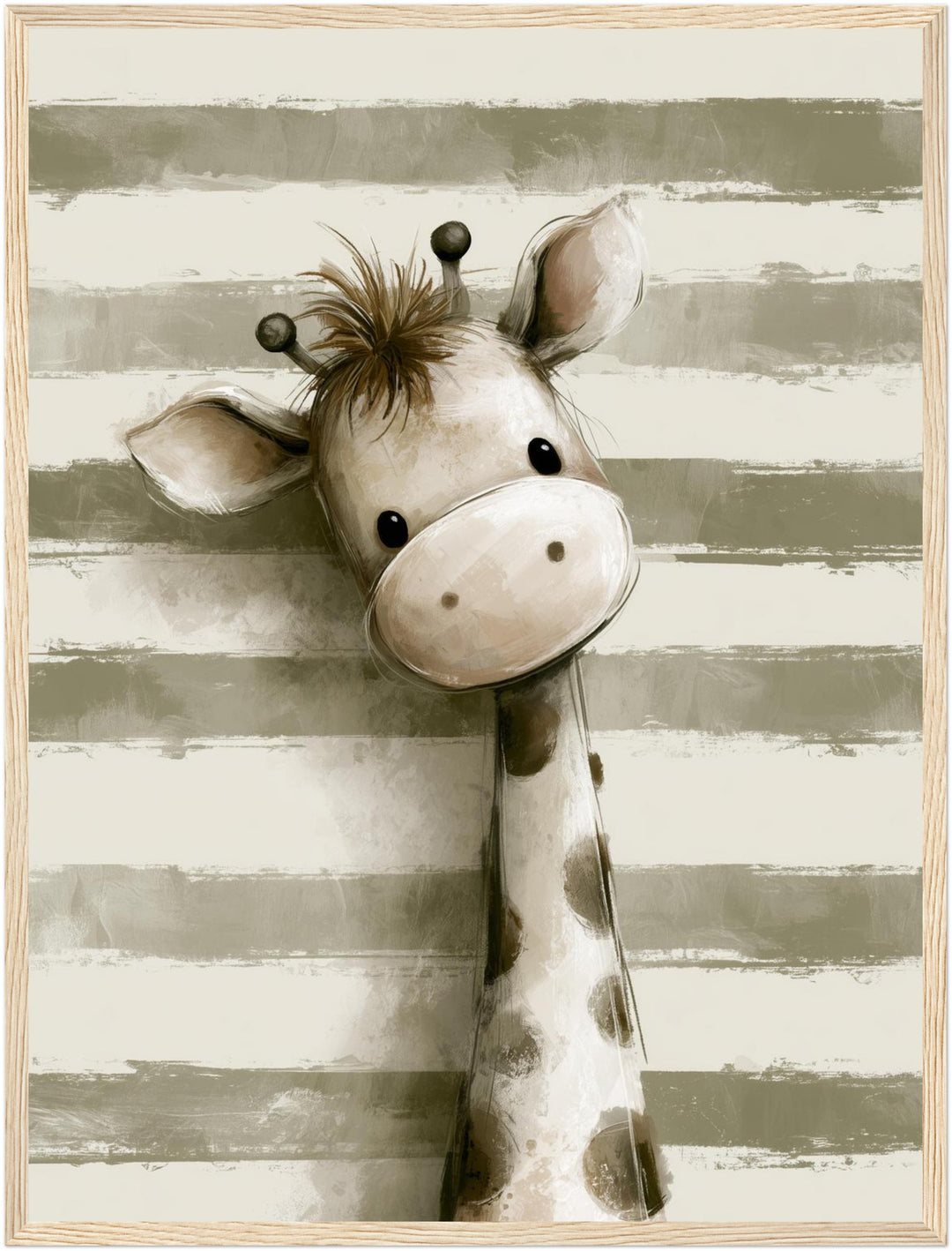 Kleine Giraffe mit Streifen Poster – Holz natur Rahmen – Produktfoto