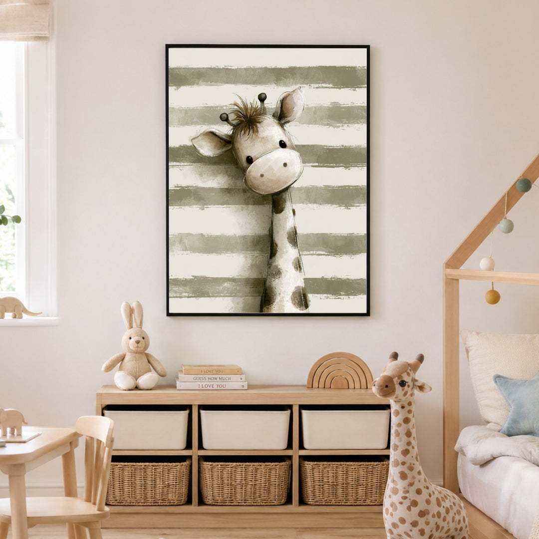 Kleine Giraffe mit Streifen Poster – Schwarzer Rahmen – Produktfoto