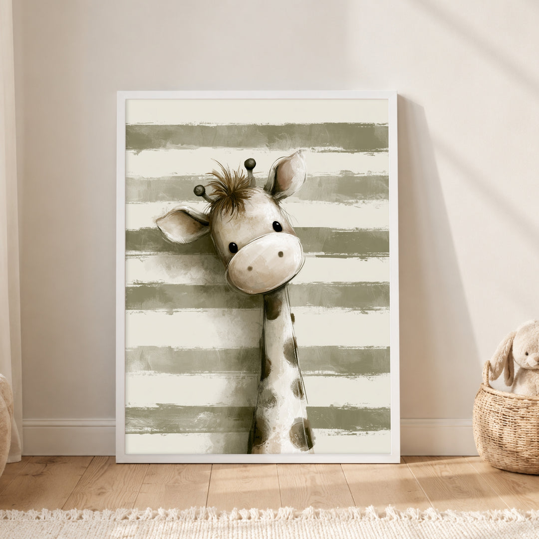 Kleine Giraffe mit Streifen Poster – Weißer Rahmen – Produktfoto