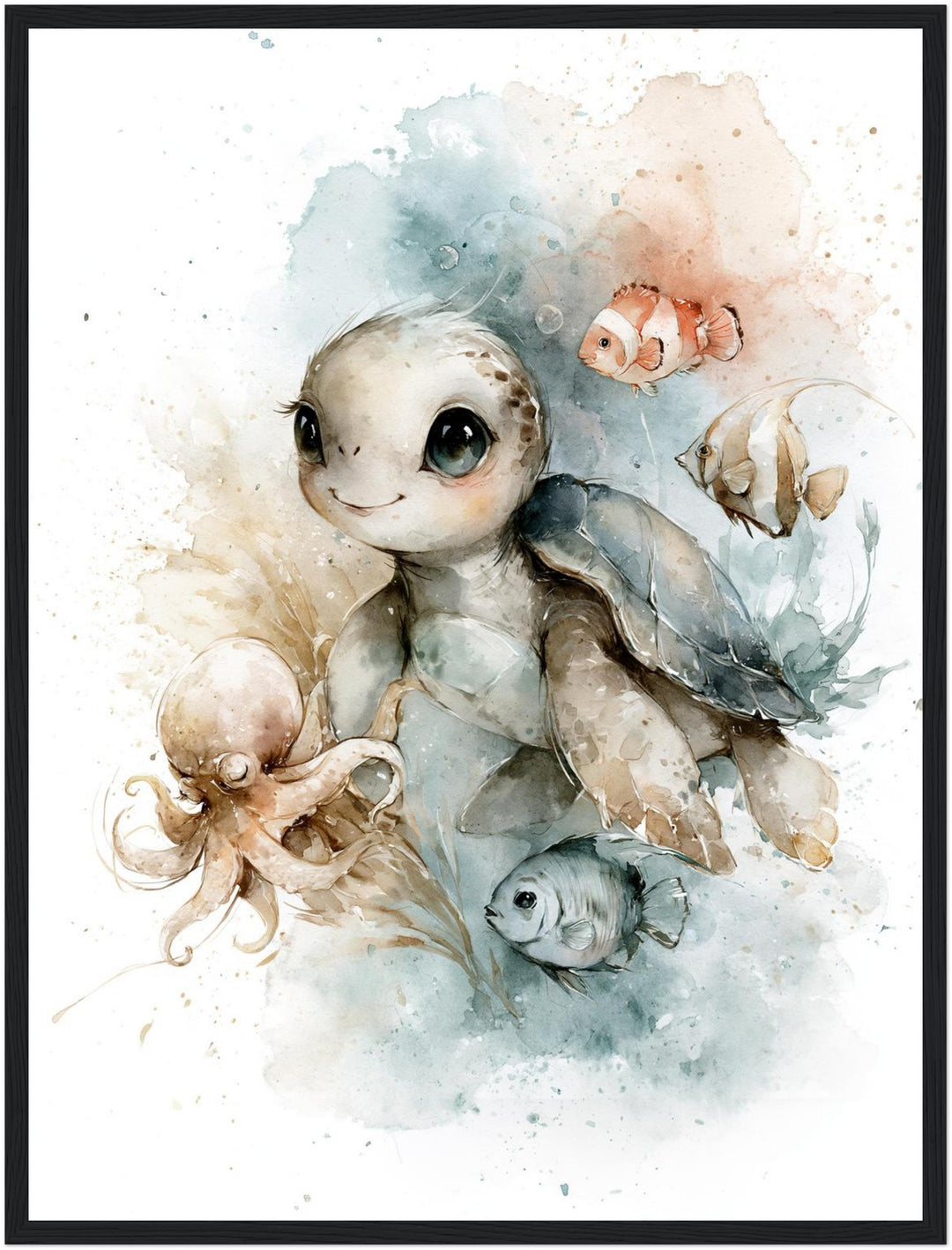 Kleine Meeresschildkröte mit Freunden Poster – Schwarzer Rahmen – Produktfoto