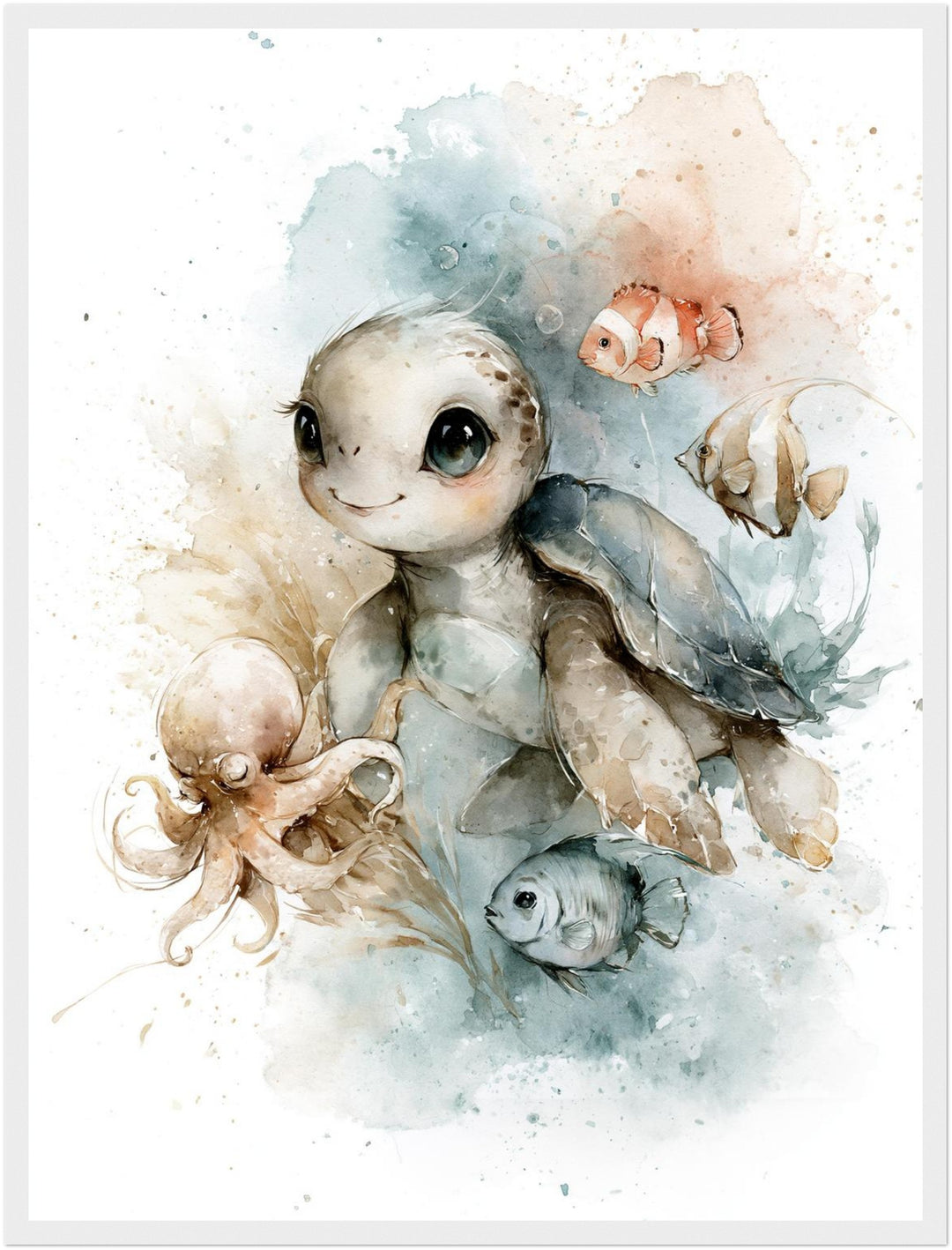 Kleine Meeresschildkröte mit Freunden Poster – Weißer Rahmen – Produktfoto