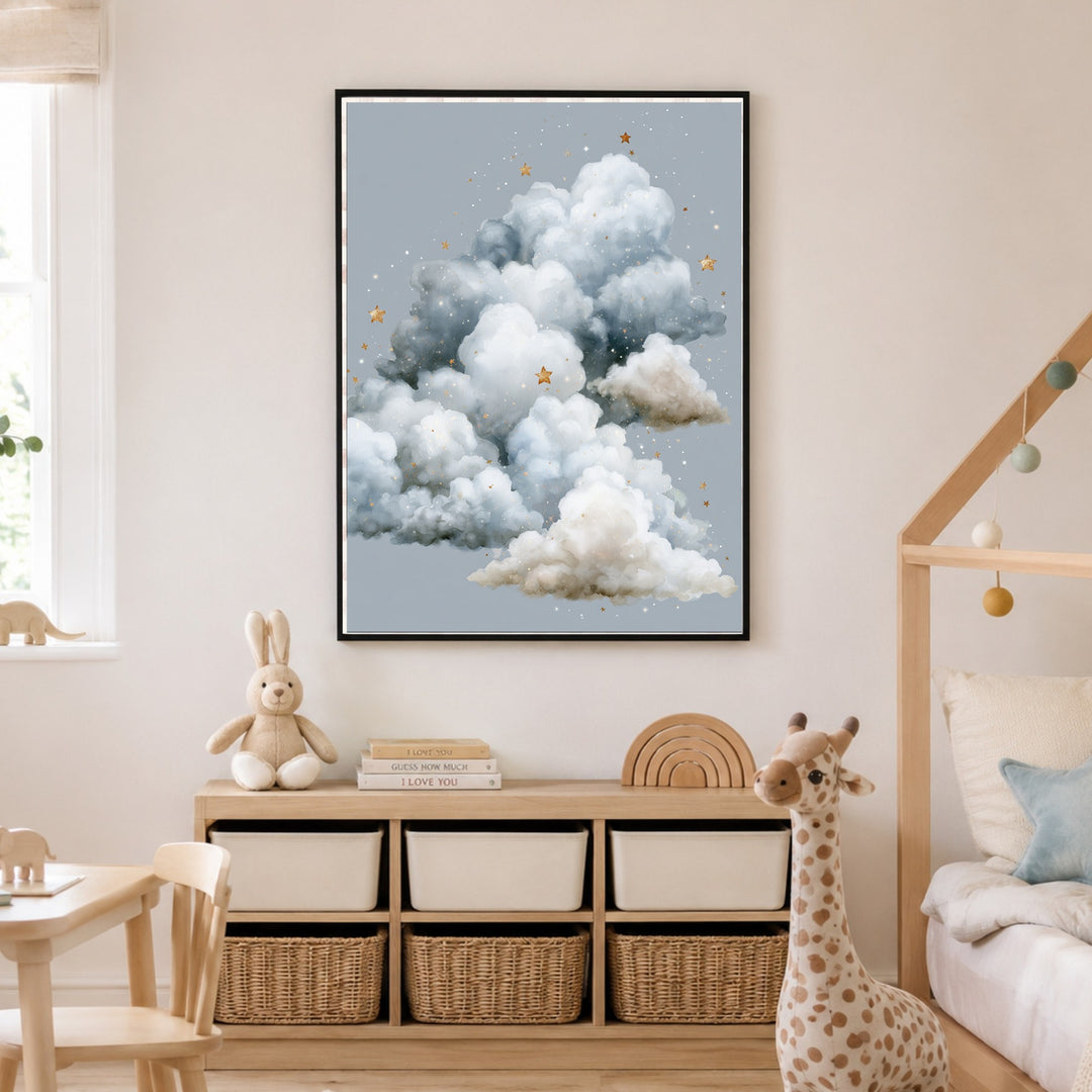 Große Wolke mit Sternen Poster – Schwarzer Rahmen – Produktfoto