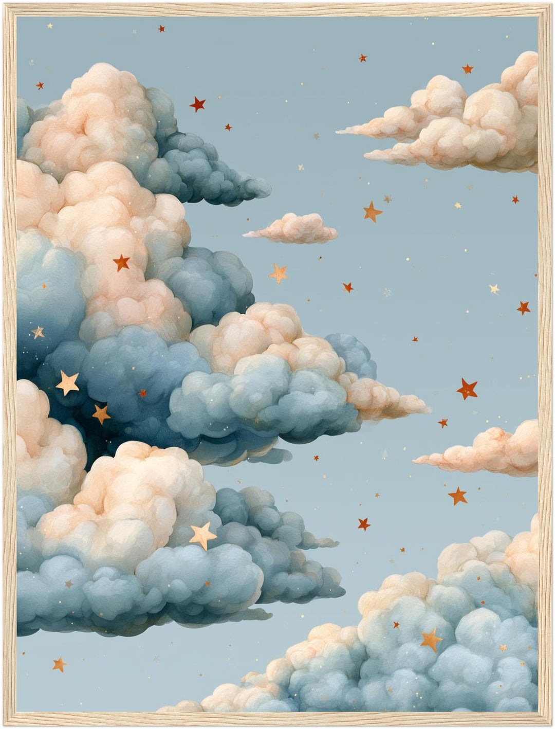 Wolken mit goldenen Sternen Poster – Holz natur Rahmen – Produktfoto
