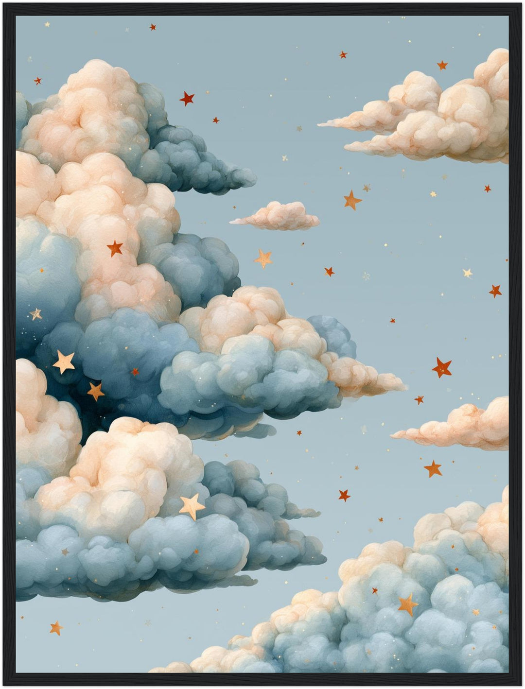 Wolken mit goldenen Sternen Poster – Schwarzer Rahmen – Produktfoto
