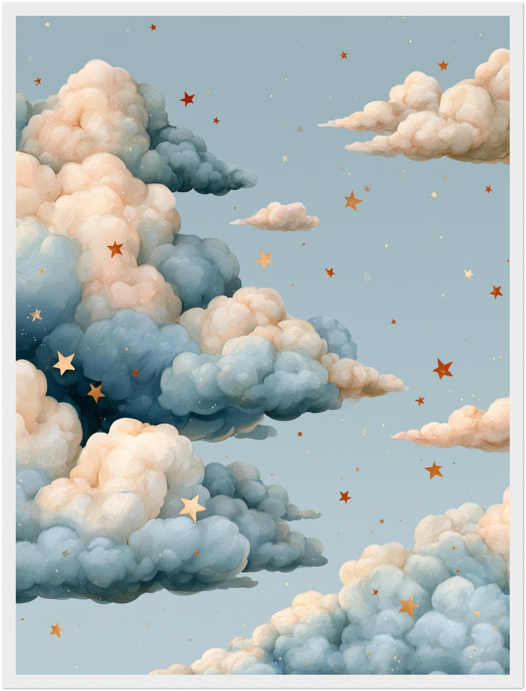 Wolken mit goldenen Sternen Poster – Weißer Rahmen – Produktfoto