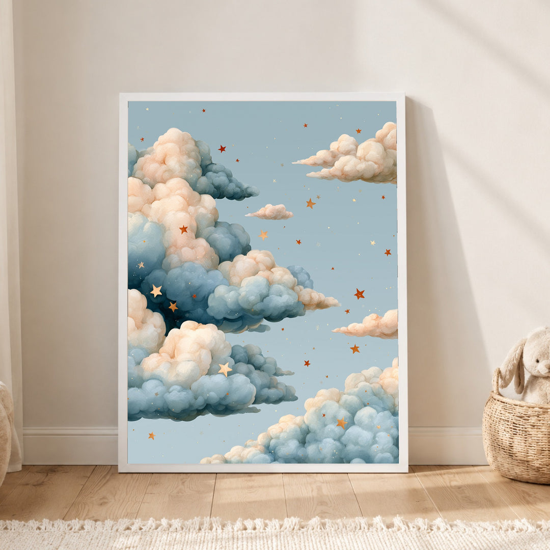 Wolken mit goldenen Sternen Poster – Weißer Rahmen – Produktfoto