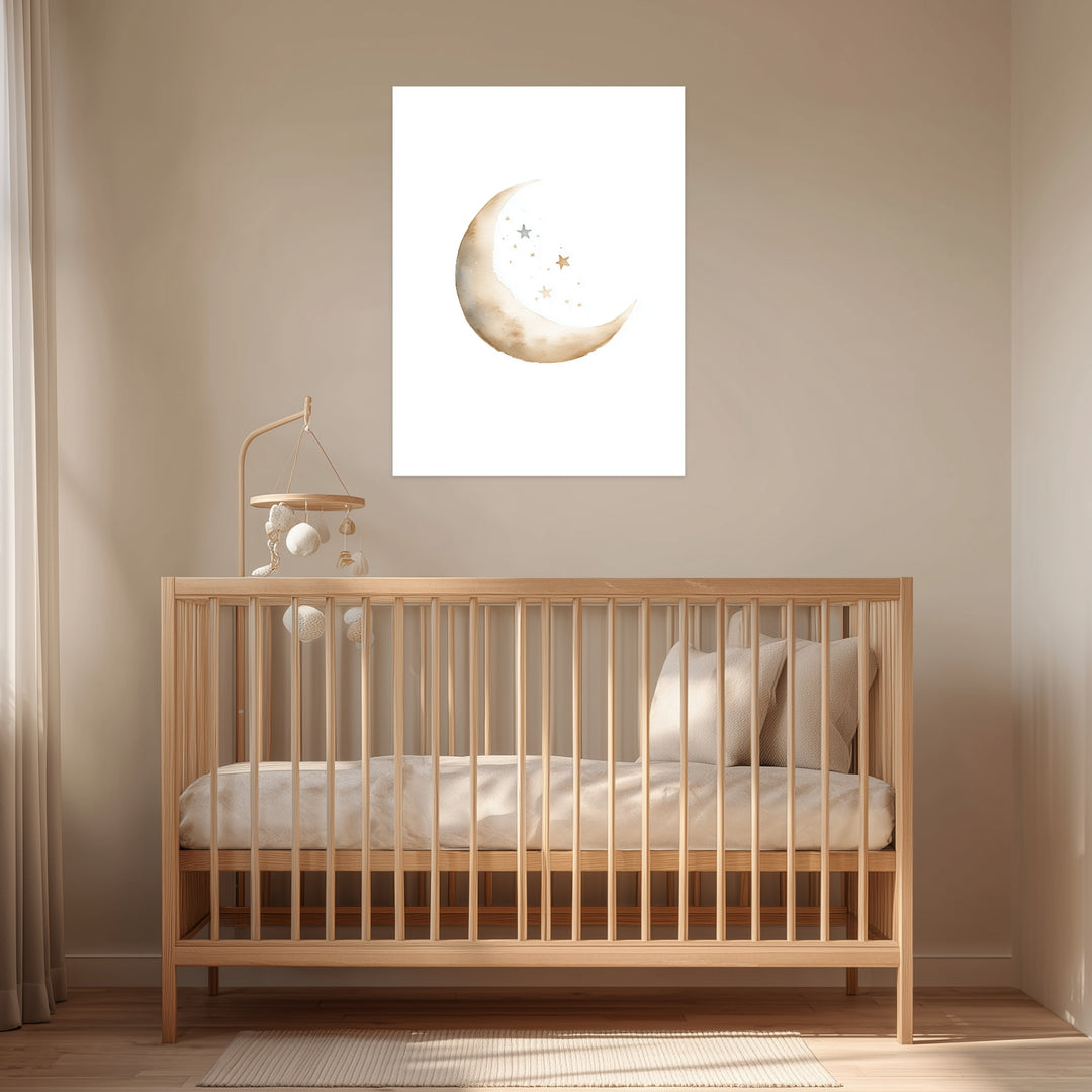 Zarter Mond mit Sternen Aquarell Leinwandbild abstrakt – Leinwand auf Holzrahmen – Ansicht 3