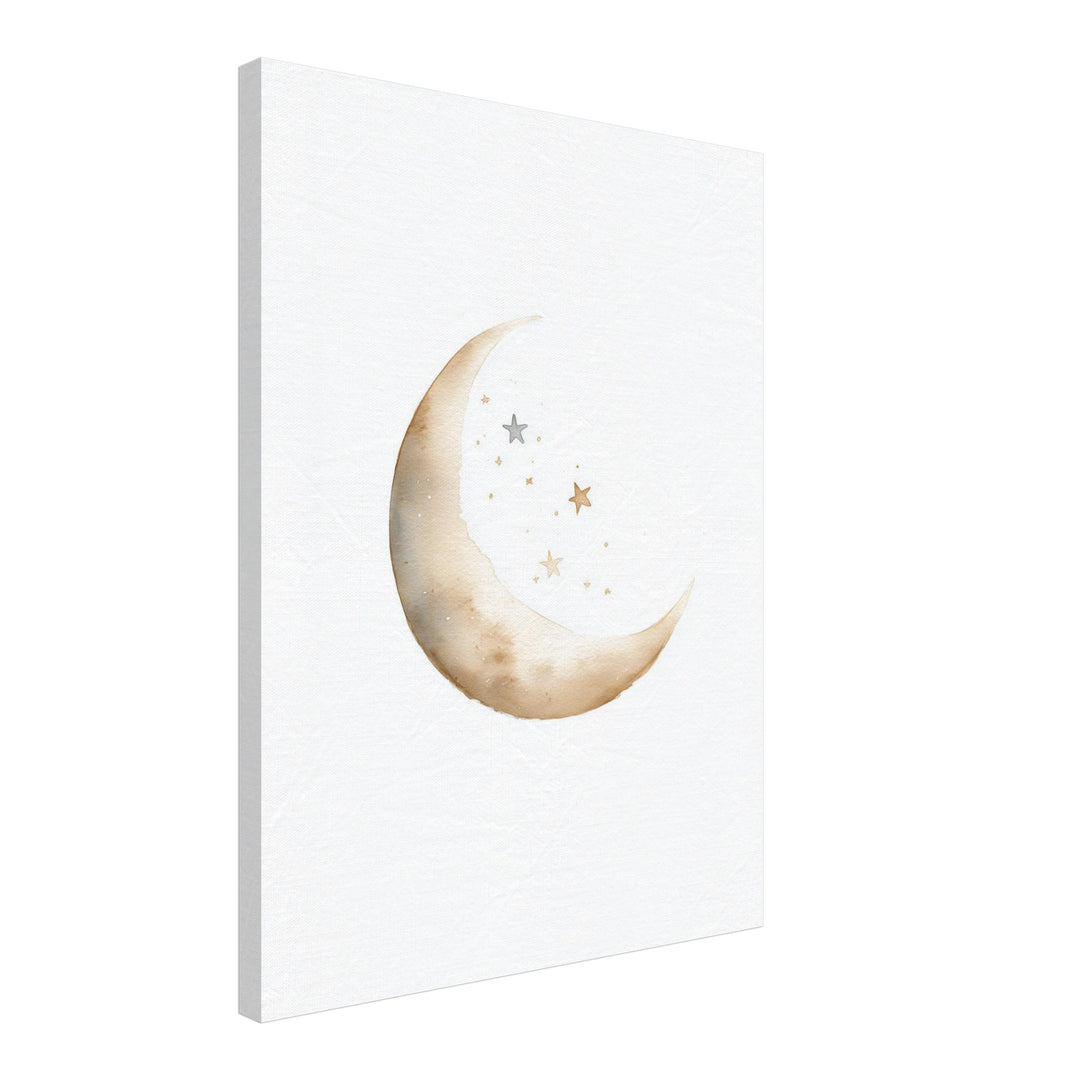 Zarter Mond mit Sternen Aquarell Leinwandbild abstrakt – Leinwand auf Holzrahmen – Ansicht 2