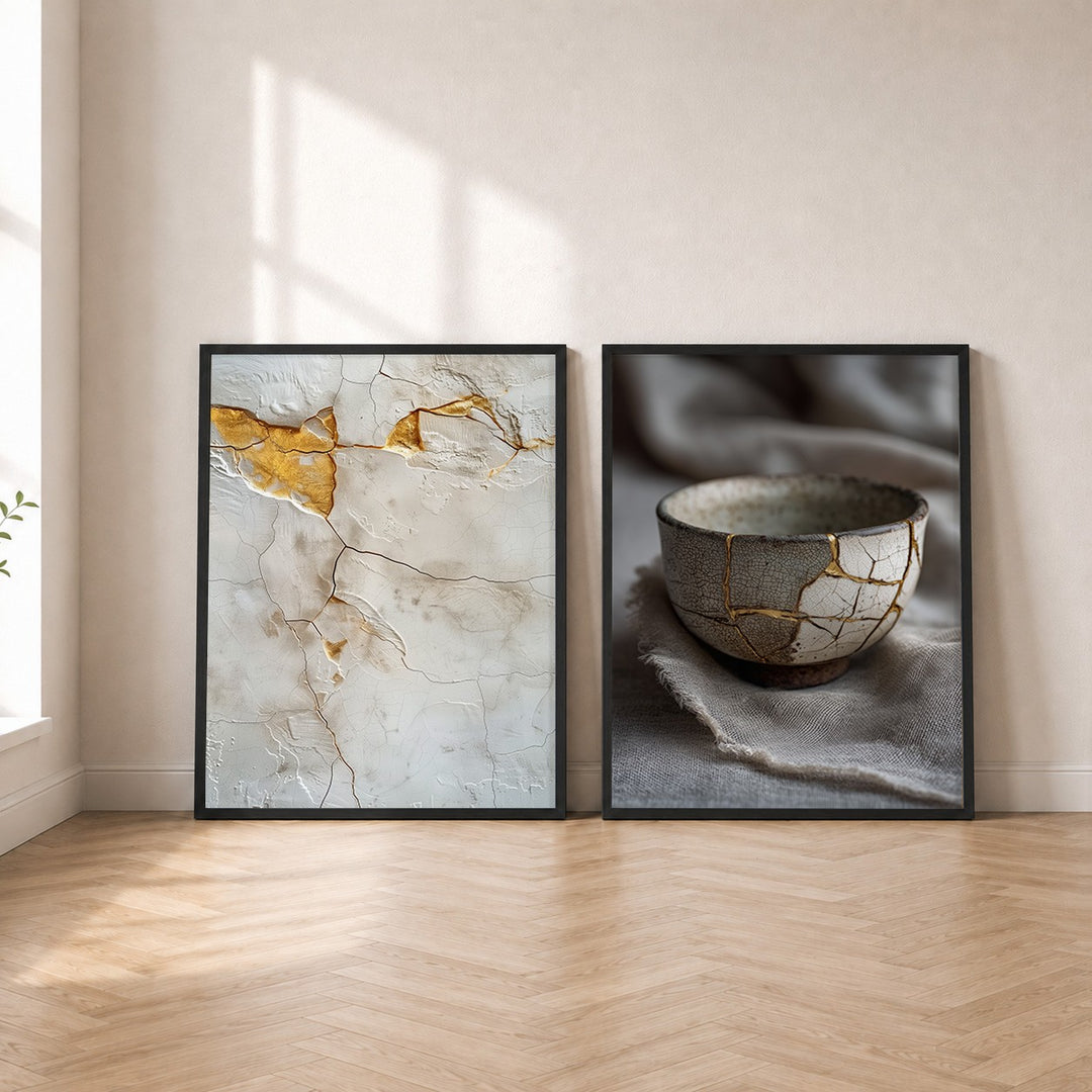Kintsugi Set – Gold & Keramik, 2er Poster-Set gerahmt