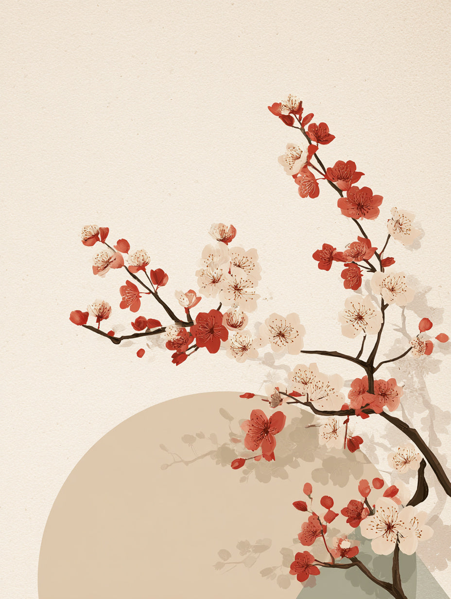 Kirschblütenzweig mit Sonne Japandi – Wandkunst