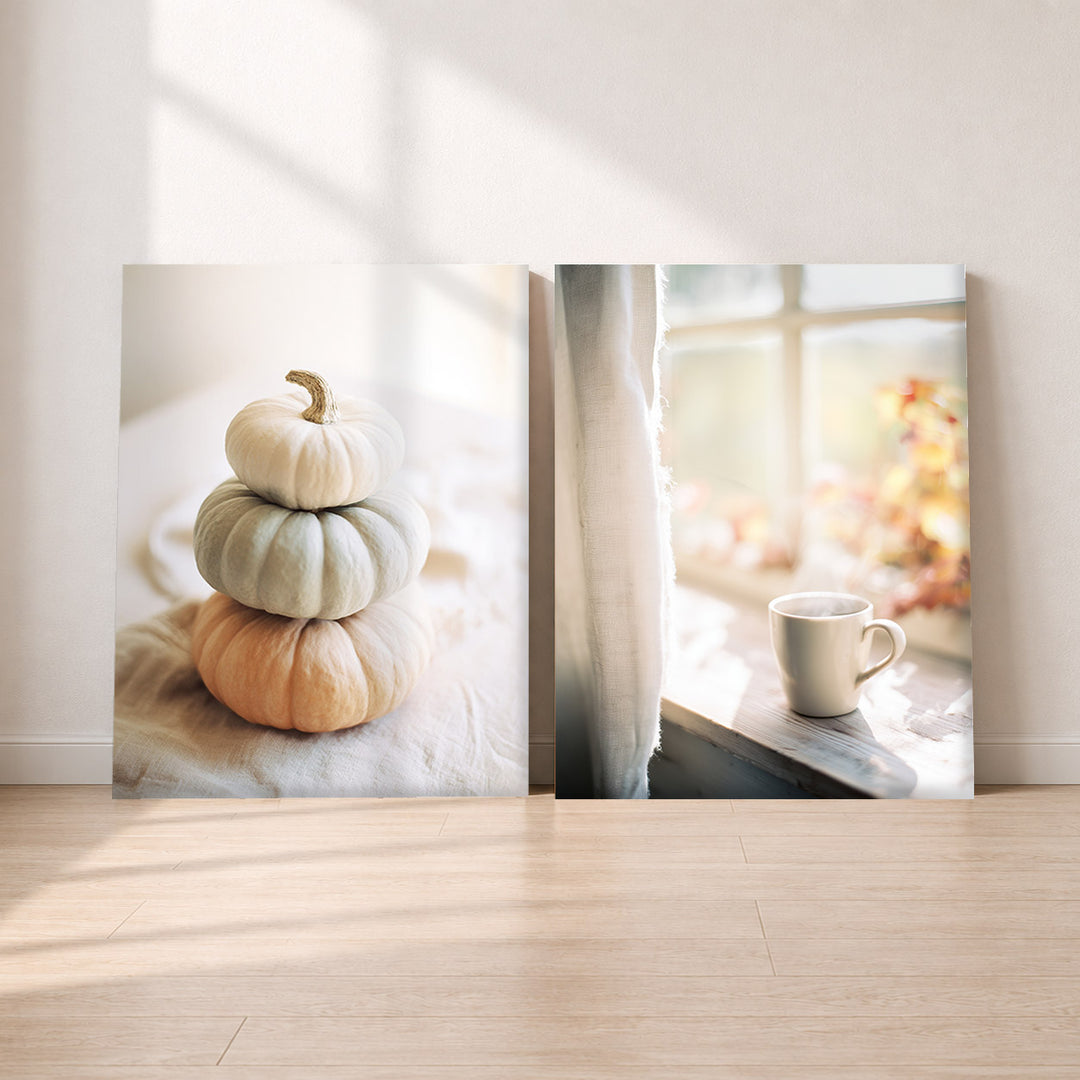 Set-Ansicht: Kürbis & Kaffee Leinwand Set – Herbstmorgen (2er)